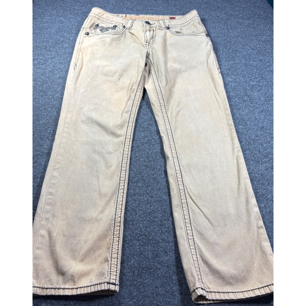Rock Revival Jeans Mens 31 Tan Khaki Straight Thick Stitch Fleur De Lis Street